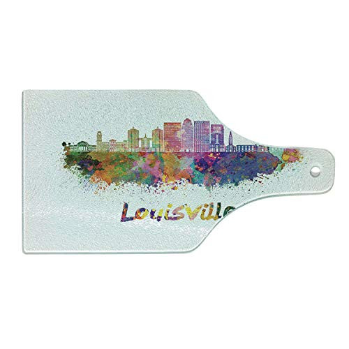 Lunarable Kentucky Cutting Board- Watercolor Paint Splashes Grunge City Silhouettes Rainbow Louisville Lettering- Decorative Tempered Glass Cutting and Serving Board- Wine Bottle Shape- Multicolor
