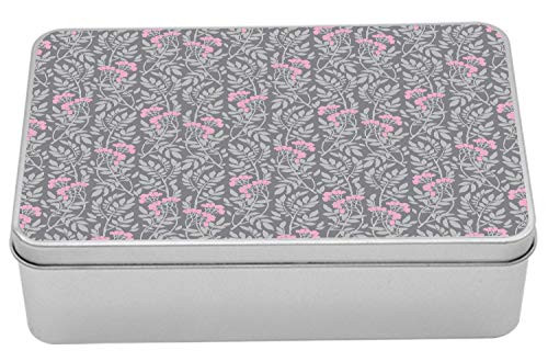 Lunarable Floral Tin Box- Sprigs and Berries in Vintage Theme Grey Scale Gloomy Painting- Portable Rectangle Metal Organizer Storage Box with Lid- 7.2" X 4.7" X 2.2"- Pale Taupe Dark Taupe
