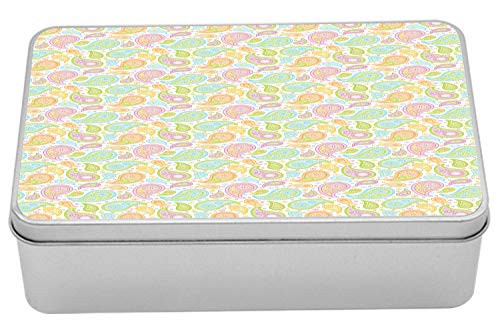Lunarable Paisley Tin Box- Middle Eastern Leaves Flowers Pattern Ornamental Bohemian Traditional- Portable Rectangle Metal Organizer Storage Box with Lid- 7.2" X 4.7" X 2.2"- Multicolor