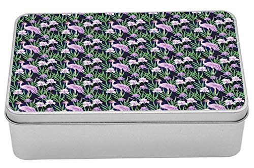 Lunarable Iris Flower Metal Box- Continuous Pattern of Pastel Japanese Exotic Bird Petals and Leaves- Multi-Purpose Rectangular Tin Box Container with Lid- 7.2" X 4.7" X 2.2"- Indigo and Multicolor