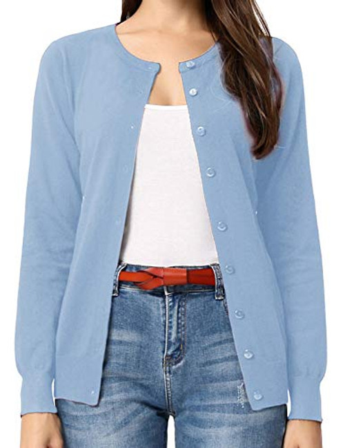 GRACE KARIN Women's Lightweight Crewneck Cardigan Sweater Plus Size -2XL-Light Blue-