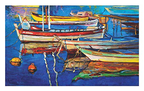 Ambesonne Country Doormat- Folk Art Style Paint of Boats on Shore at Golden Yellow Sunset Cruising by The Sea- Decorative Polyester Floor Mat with Non-Skid Backing- 30" X 18"- Multicolor