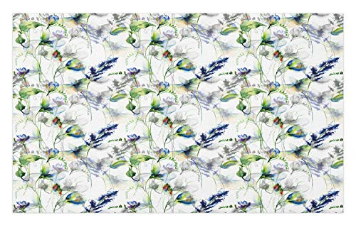 Ambesonne Flower Doormat- Floral Pattern with Pea Blossoms in Watercolor Paint Effect Spring Theme- Decorative Polyester Floor Mat with Non-Skid Backing- 30" X 18"- Green White Blue