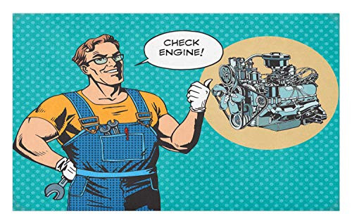 Ambesonne Auto Mechanic Doormat- Pop Art Style Repairman Says Check Engine Retro Graphic on Polka Dot Backdrop- Decorative Polyester Floor Mat with Non-Skid Backing- 30" X 18"- Multicolor