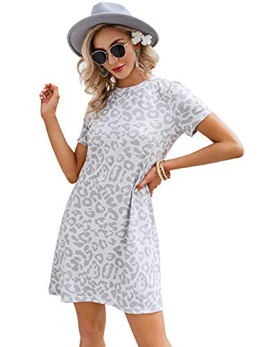Glamaker Women's Casual Twist Knot T-Shirt Dresses Short Sleeve Loose Midi Summer Dress -T-Leopard Printed- m-