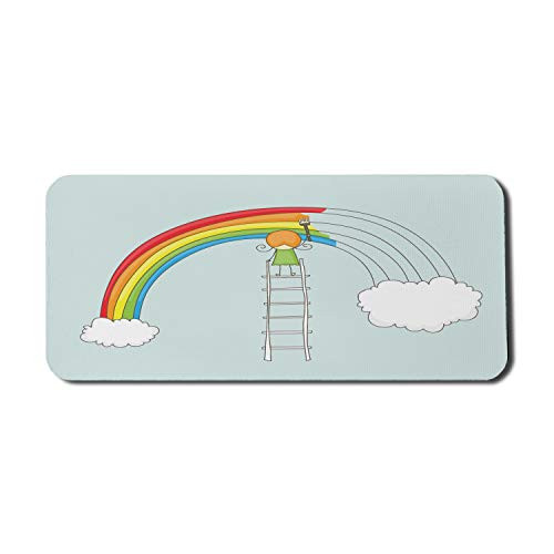 Ambesonne Cloud Computer Mouse Pad- Doodle of a Girl on Ladder Painting Rainbow with Clouds on Pale Toned Background- Rectangle Non-Slip Rubber Mousepad X-Large- 35" x 15" Gaming Size- Multicolor