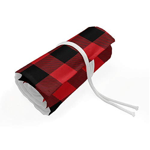 Ambesonne Plaid Roll Up Pencil Holder- Lumberjack Fashion Buffalo Style Checks Pattern Retro Style with Grid Composition- Painting Drawing Pencils Case for Artists Students- 72 Loops- Orange Black