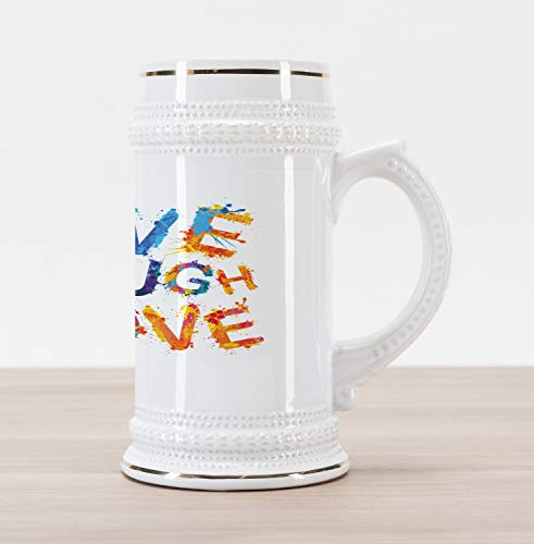 Ambesonne Live Laugh Love Beer Stein Mug- Watercolor Splash Paint Art Style Letters Joyous Delirious Grunge Writing- Traditional Style Decorative Printed Ceramic Large Beer Mug Stein- Multicolor