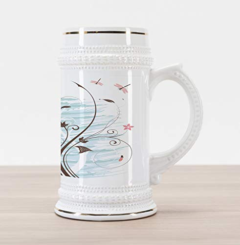 Ambesonne Dragonfly Beer Stein Mug- Grunge Paint Flower Swirled Branches Buds Abstract Spring Nature Image- Traditional Style Decorative Printed Ceramic Large Beer Mug Stein- Pale Pink Brown Mint
