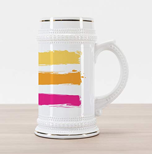 Ambesonne Orange and Pink Beer Stein Mug- Grunge Paint Smear Composition Abstract Banner Design- Traditional Style Decorative Printed Ceramic Large Beer Mug Stein- Fuchsia Marigold Pale Yellow