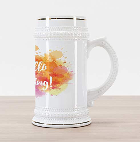 Ambesonne Orange and Pink Beer Stein Mug- Grunge Abstract Paint Splashes with Warm Tones Hello Spring Slogan- Traditional Style Decorative Printed Ceramic Large Beer Mug Stein- Orange Yellow Pink