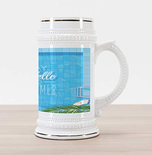 Ambesonne Saying Beer Stein Mug- Say Hello to the Summer Slogan on a Pool with Ladder Flip Flops and Flowers Design- Traditional Style Decorative Printed Ceramic Large Beer Mug Stein- Multicolor