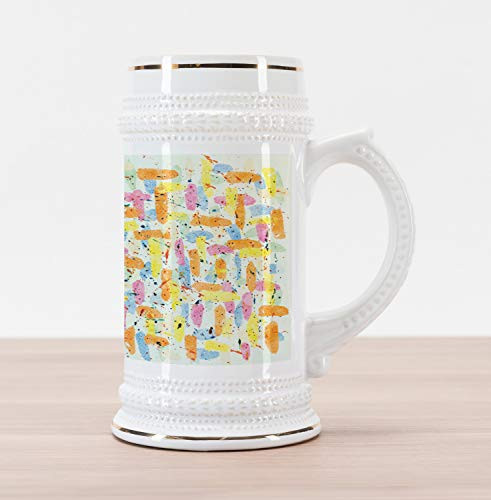 Ambesonne Abstract Beer Stein Mug- Paint Blobs and Drips Pattern Watercolor Composition with Grunge Effect- Traditional Style Decorative Printed Ceramic Large Beer Mug Stein- Multicolor