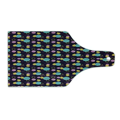 Ambesonne Tropical Cutting Board- Palm Leaves and Paint Blots Polka Dots Geometrical Design Pattern- Decorative Tempered Glass Cutting and Serving Board- Wine Bottle Shape- Dark Purple and Multicolor