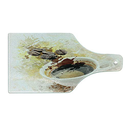 Ambesonne Coffee Cutting Board- Watercolor Style Artwork of Paint Stains with Blots Cup with Beans above it- Decorative Tempered Glass Cutting and Serving Board- Wine Bottle Shape- Multicolor