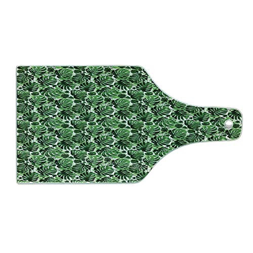 Ambesonne Tropical Cutting Board- Green Tones Exotic Monstera Leaves Pattern with Splashed Paint Effect Print- Decorative Tempered Glass Cutting and Serving Board- Wine Bottle Shape- Multicolor