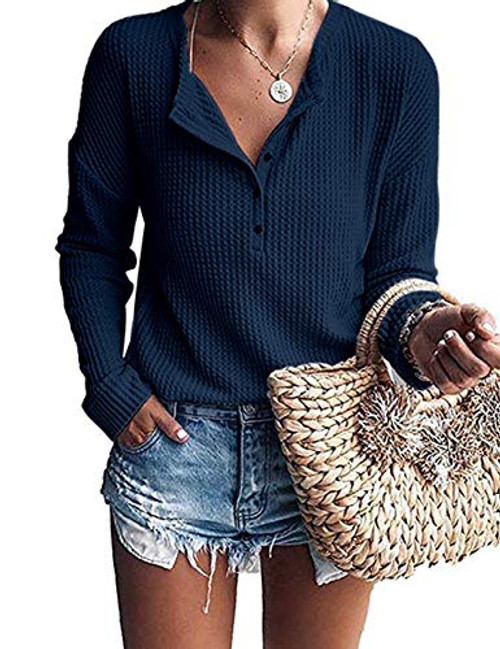 WNEEDU Women's Waffle Knit Tunic Tops Loose Long Sleeve Button Up V Neck Henley Shirts -2XL- Navy Blue-
