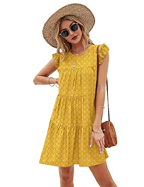 LOMON Womens Casual Tiered Babydoll Dress Round Neck Flowy Swing Mini Dress Loose Fit Summer Dress