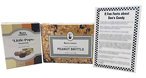Sees Candies Peanut Brittle 5oz and Assorted Lil Pops 4oz (flavors assortment include chocolate, butterscotch, vanilla and cafe latte) Includes a Printed 8 Fun Facts Card about Sees Candy Bundle