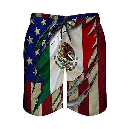 Stazary Mexican American Flag Mens Swim Trunks Quick Dry Summer Beach Board Shorts with Mesh Lining