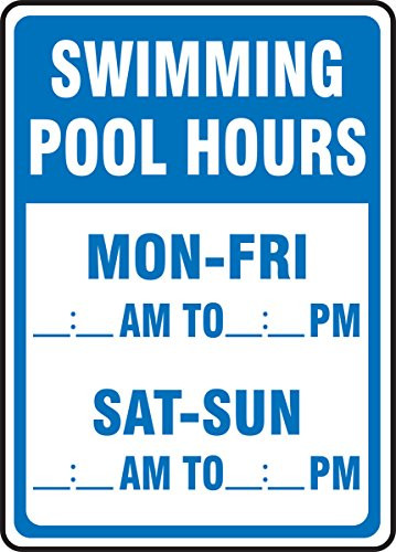 Accuform MADM438VA Aluminum Safety Sign- Legend"Swimming Pool Hours - MON-FRI-:-AM to-:-PM - SAT-Sun."- 14" Length x 10" Width- Blue on White