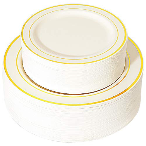 WDF 102 pieces Gold Plastic Plates- Ivory with Gold Rim Disposable Party Wedding Plates,Premium Heavy Duty 51-10.25" Dinner Plates and 51-7.5" Salad Plates WDF 102 pieces Gold Plastic Plates- Ivory with Gold Rim Disposable Party Wedding Plates,Premium Heavy Duty 51-10.25" Dinner Plates and 51-7.5" Salad Plates