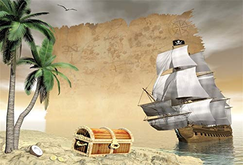 AOFOTO 7x5ft Pirate Ship Backdrop Kids Birthday Party Decor Island Palm Tree Sea Rover Adventure Treasure Box Corsair Background for Photography Vinyl Wallpaper Photo Studio Props