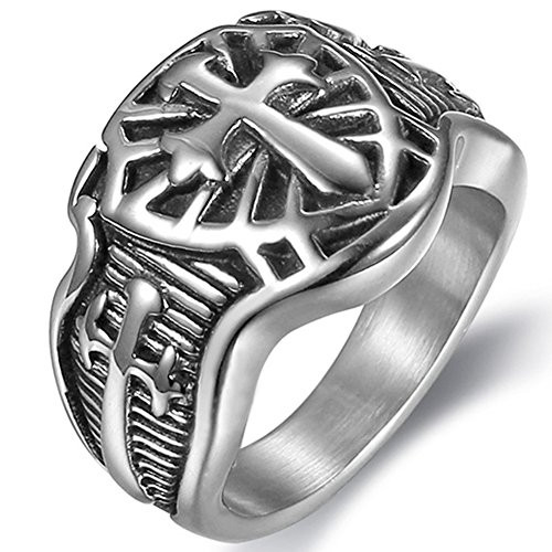 Stainless Steel Crusader Sword Cross Medieval Shield Ring -Grey- 6-