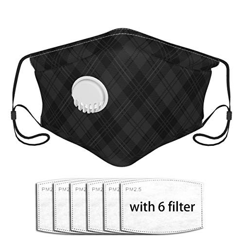 Black Tartan Check Argyle Face Mask Cloth Face Cover Washable Reusable Face Covers Activated Carbon Filter Dust Mask with A Valve with 6 Filter