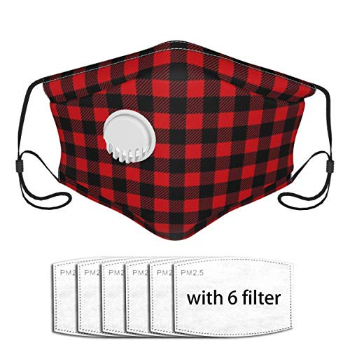 Fashion Buffalo Style Checks Pattern Face Mask Cloth Face Cover Washable Reusable Face Covers Activated Carbon Filter Dust Mask with A Valve with 6 Filter