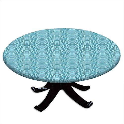 Blue Round Fitted Tablecloth- Ocean Inspired Waves Pattern with Japanese Influences l Maritime Aquatic- Elastic Edge- Waterproof and wipeable- Fits Tables 24" - 28" Diameter Sky Blue White