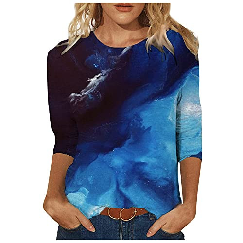 AODONG Women T-Shirt 3/4 Sleeve Shirts for Women Summer Casual Colorful Print Tops Round Neck Loose Pullover Soft Blouse Navy