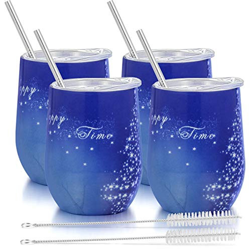 Fungun 4 Pack Stemless Wine Tumbler, 12 Oz Stainless Steel Wine Glass with Straws, Unbreakable Double Wall Cup Insulated Tumbler with Lids for Wine, Coffee, Drinks, Cocktails, Champagne(Starry blue)