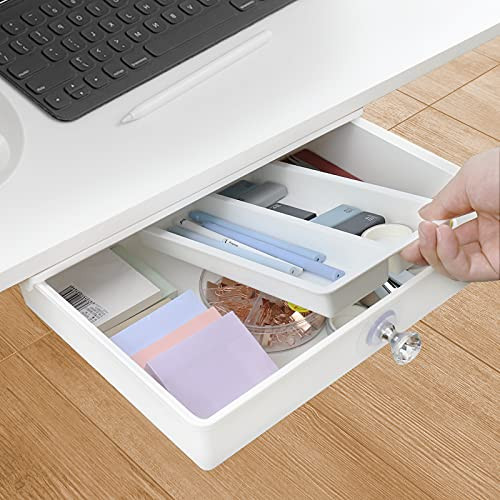 Self-Adhesive Under Desk Drawer- Slide Out Under Table Drawer Organizer with Pencil Tray- Under Desk Storage for Office/Kitchen Hidden Under The Desk Drawer- Large/White