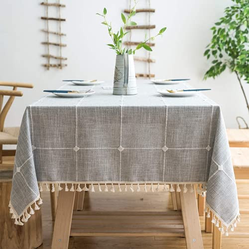 Lipo Waterproof Tablecloth Embroidery Burlap Linen with Tassel - Anti-Fading Heavy Duty Fabric Wrinkle Free Rectangle Table Cloth for Tables Rustic Tablecloths Outdoor for Party Kitchen 55x102 Grey
