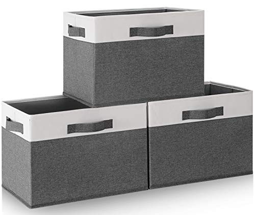 GhvyenntteS Storage Bins -3-Pack- Large Foldable Storage Baskets for Shelves- Sturdy Fabric Cube Storage Boxes with 3 Handles for Closet Nursery Cabinet Living Room -Grey- 15" x 11" x 9.6"-