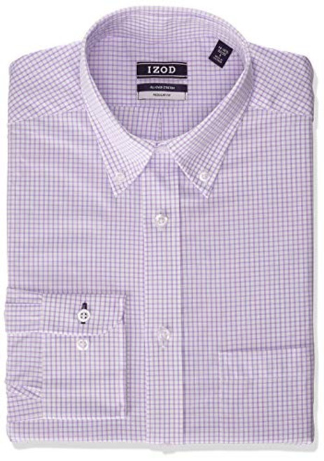 IZOD Men's Dress Shirt Regular Fit Stretch Button Down Collar Check- Lilac- 17"-17.5" Neck 34"-35" Sleeve -X-Large-