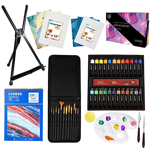 Lvoees Acrylic Paint Set- 49 PCS Professional Painting Supplies- 24 Colors with 12 Paint Brushes- Metal Easel- Canvases- Palette- Paint Knives- Acrylic Pad- Art Sponges for Beginners and Hobbyists