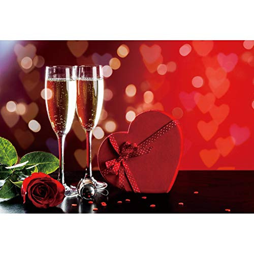 DORCEV 8x5ft Valentine's Day Theme Photography Backdrop Champagne Glasses Rose Flower Red Gift Box Background Glitter Bokeh Wedding Anniversary Candlelight Dinner Decor Wallpaper Photo Props