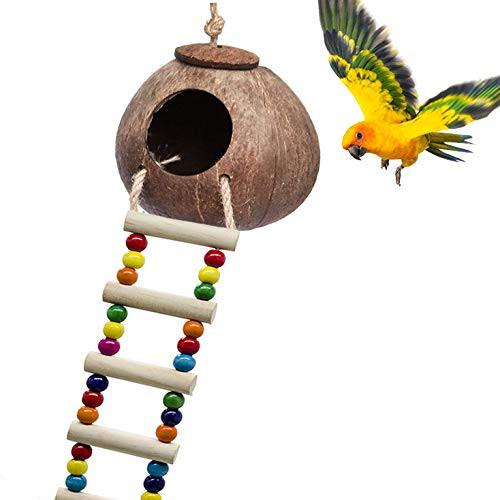 Hovico Coconut Bird Nest with Ladder Bird Toy- Hanging Coconut Shell Bird Nest for Parakeets- Reusable Grass Woven Parakeet Breeding Cave- Handmade Hanging Bird Nest Cage