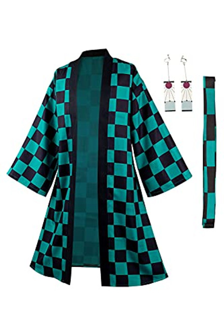 Duwseal Demon Slayer Kamado Tanjirou Cosplay Kimono Long Robe Tanjiro Costume Earrings Set -Kamado Tanjirou- X-Large-