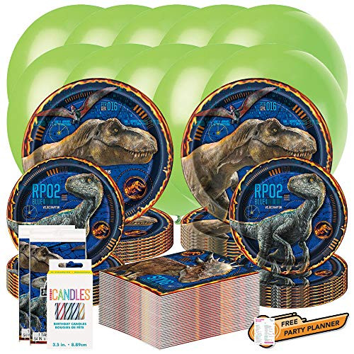 Unique Jurassic World Dinnerware Party Bundle for 16 - Table Covers- Napkins- Dinner  and  Dessert Plates- Candles- Balloons - Kid's Birthday Party- Movie Event
