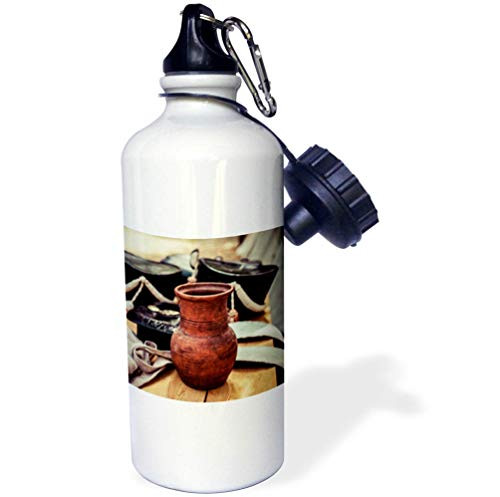 3dRose Alexis Photography - Objects Kitchenware - A Ceramic jar on a Wooden Table. Vintage Shako Hats in The Background - 21 oz Sports Water Bottle -wb-308105-1-