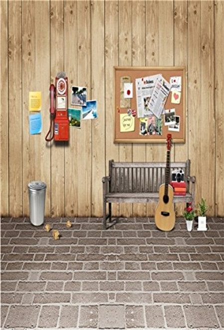 AOFOTO 5x7ft Artistic Background Photography Backdrops Guitar Bench Old Telephone Box Wooden Wall Brick Floor Notice Board Boy Child Portrait Scene Nostalgic Studio Props Video Toddler Photo Shoot