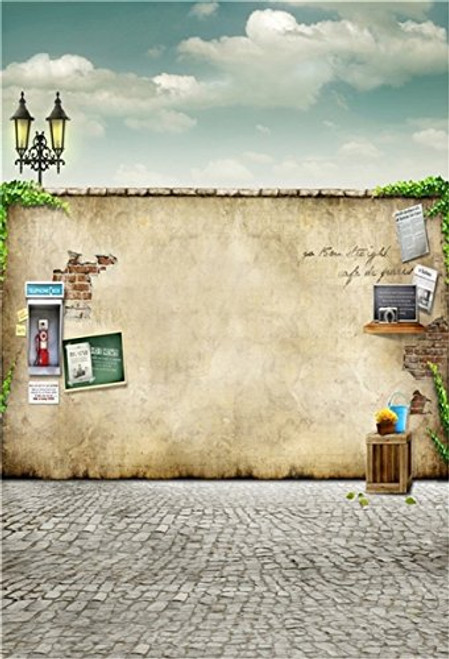 AOFOTO 5x7ft Artistic Background Girl Photography Backdrops Wedding Old Wall Road Lamp Telephone Box Blackboard Sky Brick Floors Adult Child Portrait Scene Studio Props Video Toddler Photo Shoot