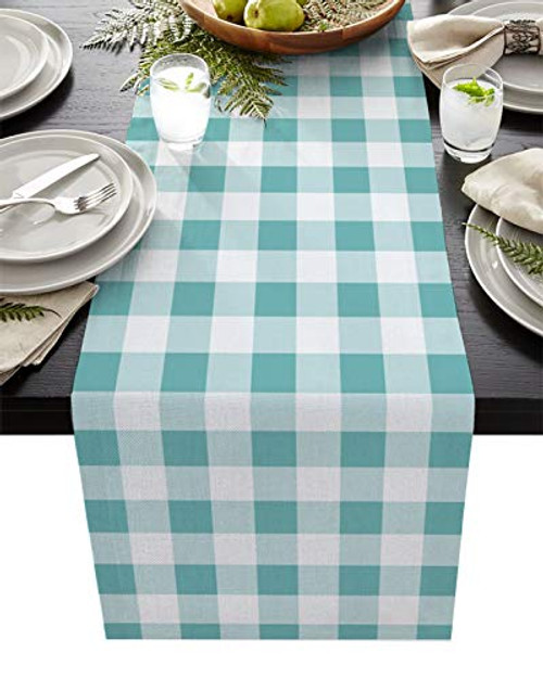 Farmhouse Table Runner Burlap Table Decor Teal Plaid Buffalo Check Pattern Tabletop Collection Runners for Holiday Home Decorations 14x72 Inch