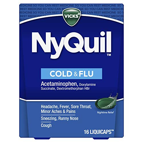 Vicks NyQuil Cough- Cold  and  Flu Nighttime Relief- 16 LiquiCaps - 1 Pharmacist Recommended- Nighttime Sore Throat- Fever- and Congestion Relief