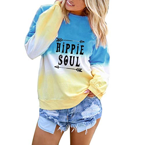 TWGONE Hippie Soul Shirts for Women Casual O-Neck Gradient Contrast Color Long Sleeve Top Sweatshirt Blouse-XX-Large-Blue-