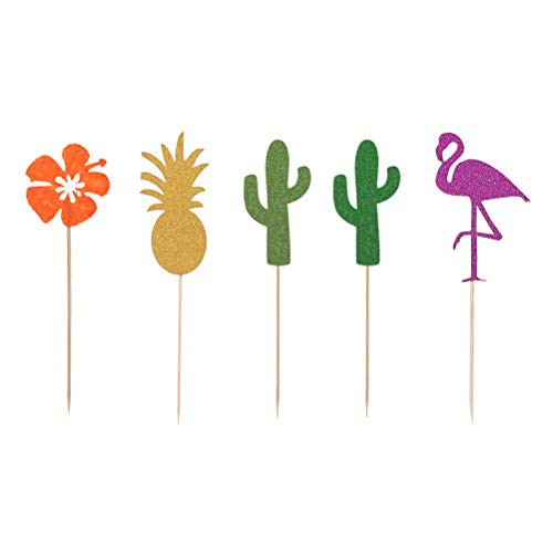 Amosfun 25pcs Hawaii Theme Cartoon Cake Toppers Flamingo Cactus Hibiscus Pineapple Cake Picks Cupcake Decor for Luau Tropical Hawaiian Pool Party Supplies