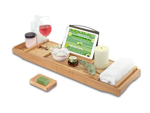 Bamboo Natural Bathtub Tray- Bathtub Caddy with Soap Box- Luxury Natural Wooden Bathtub Tray- Bath Tray for Tub- Bath Tub Table Caddy- Bathroom Caddy with Tablet Holder - Bamboo Bath Tray Shelf